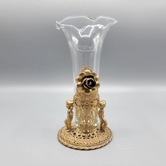 Antique Vintage Gold Brass Filigree Fluted Bud Vases Cherub Figural Design
